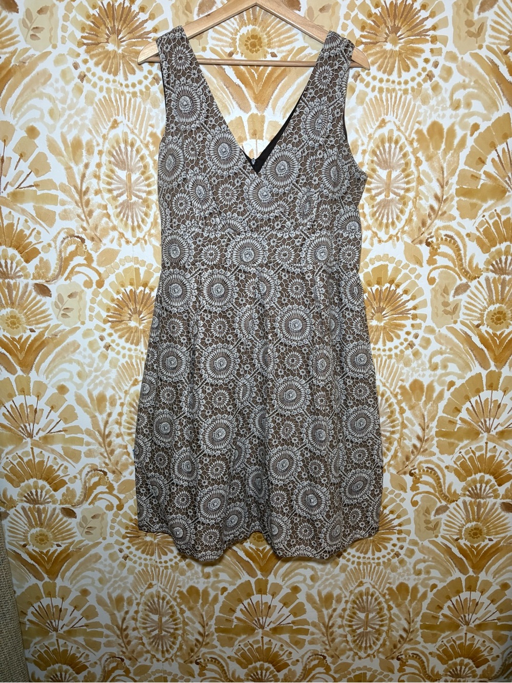 Boho Crochet Lace Print Sleeveless Dress | Neutral Cottagecore Summer Mini Dress - Picture 5 of 7